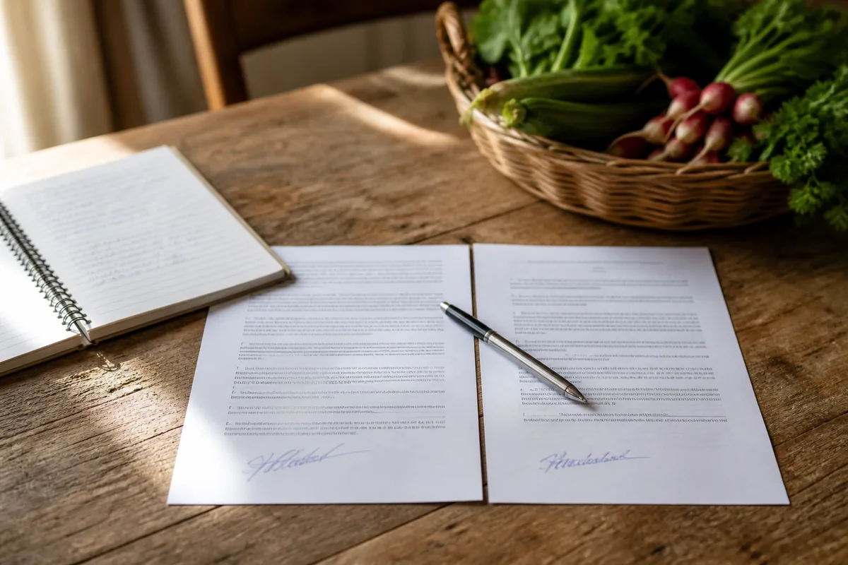Contrat de saison signé sur une table en bois avec panier de légumes et carnet de suivi