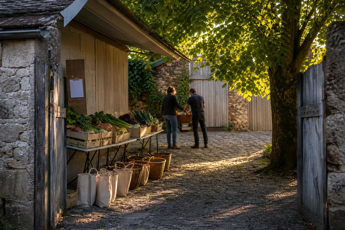 Point de distribution AMAP en salle communale avec cagettes de légumes et tables installées