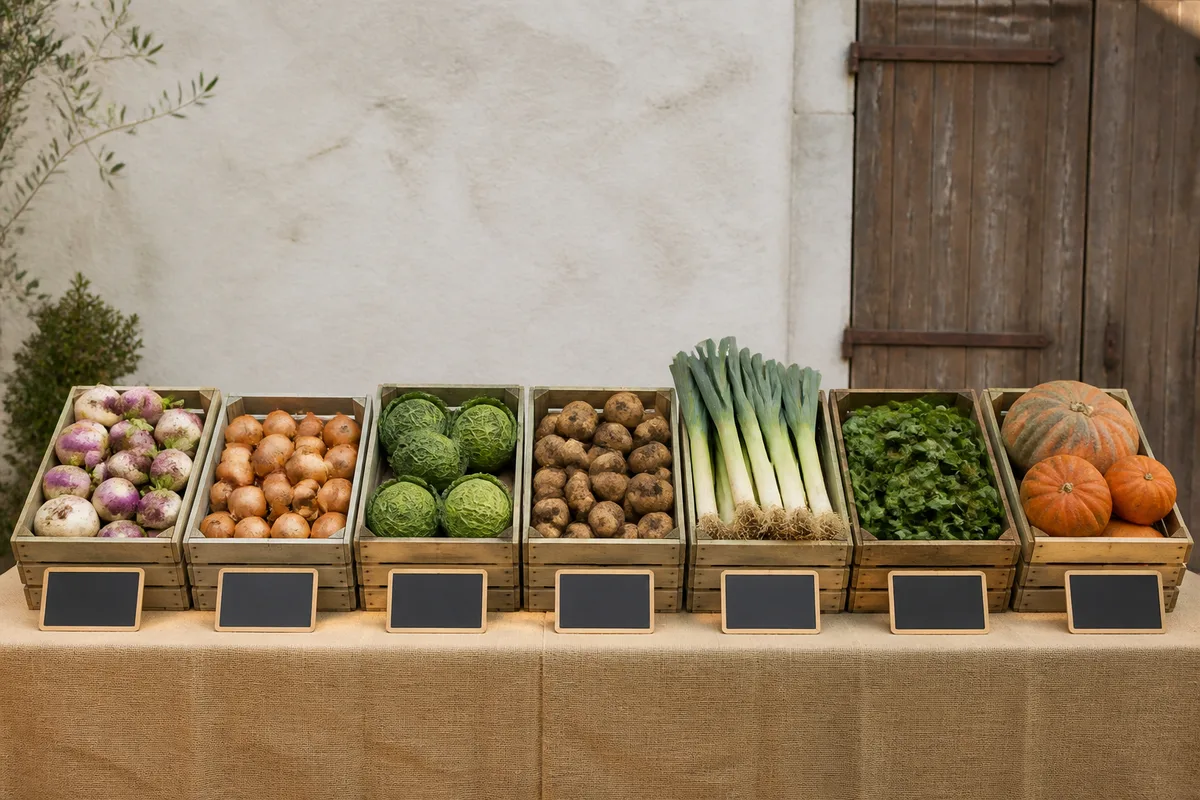 Cagettes de légumes de saison alignées sur une table de distribution associative