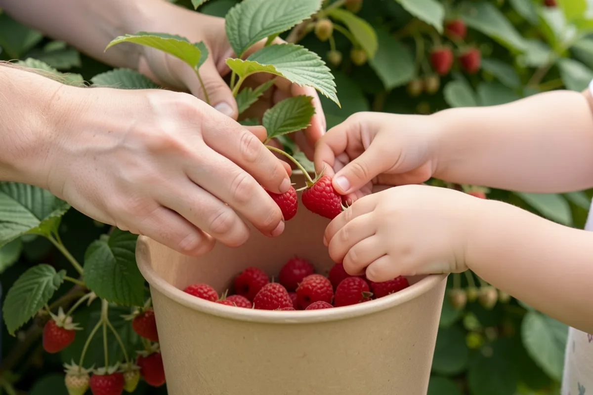 Mains d&rsquo;un adulte et d&rsquo;un enfant qui cueillent des framboises sur un buisson
