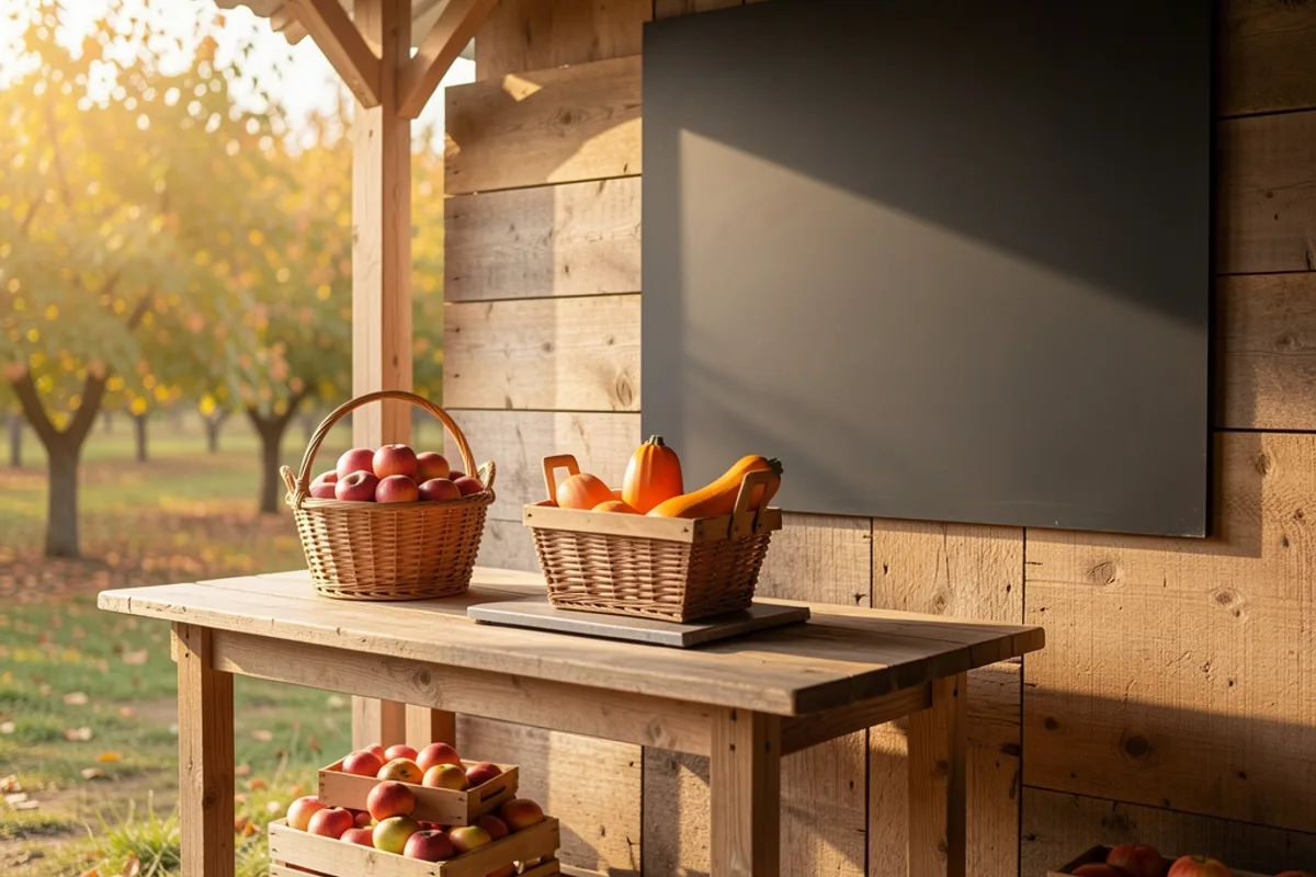 Cageots de pommes et de courges sous l&rsquo;auvent en bois d&rsquo;une ferme, ardoise vierge accrochée au mur