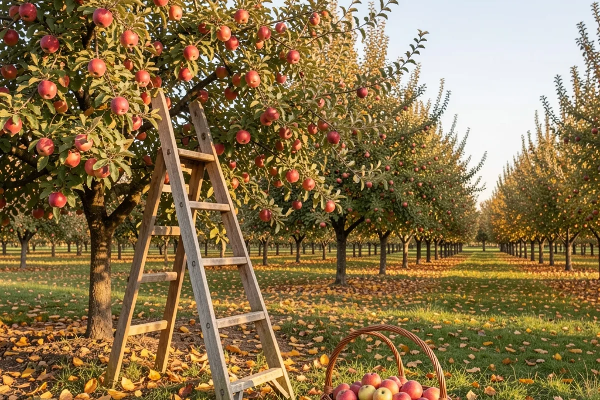 Verger en automne avec une échelle en bois appuyée contre un pommier chargé de fruits