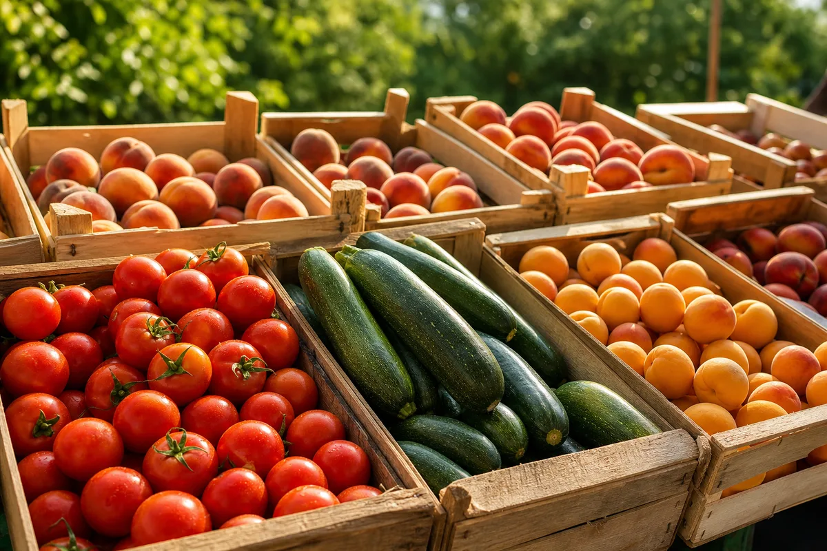 Cagettes de tomates, courgettes, abricots et pêches en plein soleil d’été