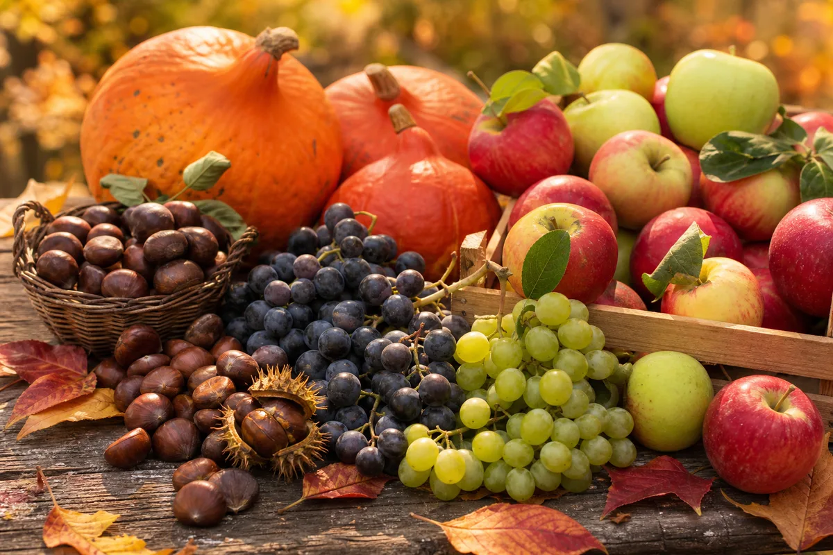 Courges, pommes, raisin et châtaignes disposés sur un étal automnal