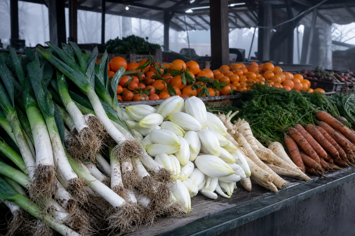 Poireaux, endives, panais et agrumes sur un étal de marché en hiver