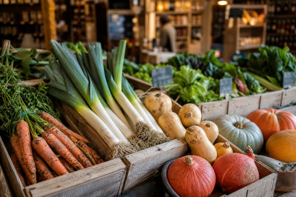 Étal d&rsquo;un magasin de producteurs avec légumes de saison et ardoise de prix manuscrite
