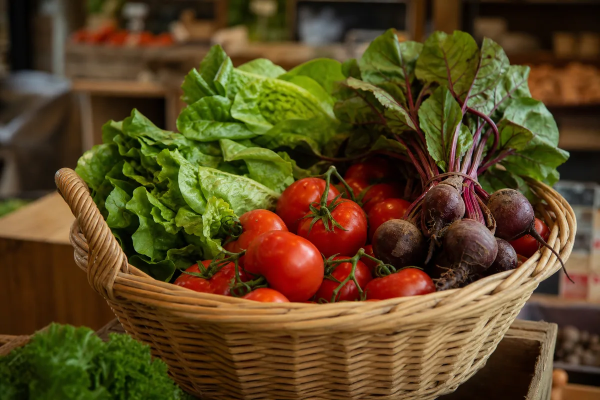 Panier de légumes bio de saison posé sur un étal en bois dans un magasin spécialisé