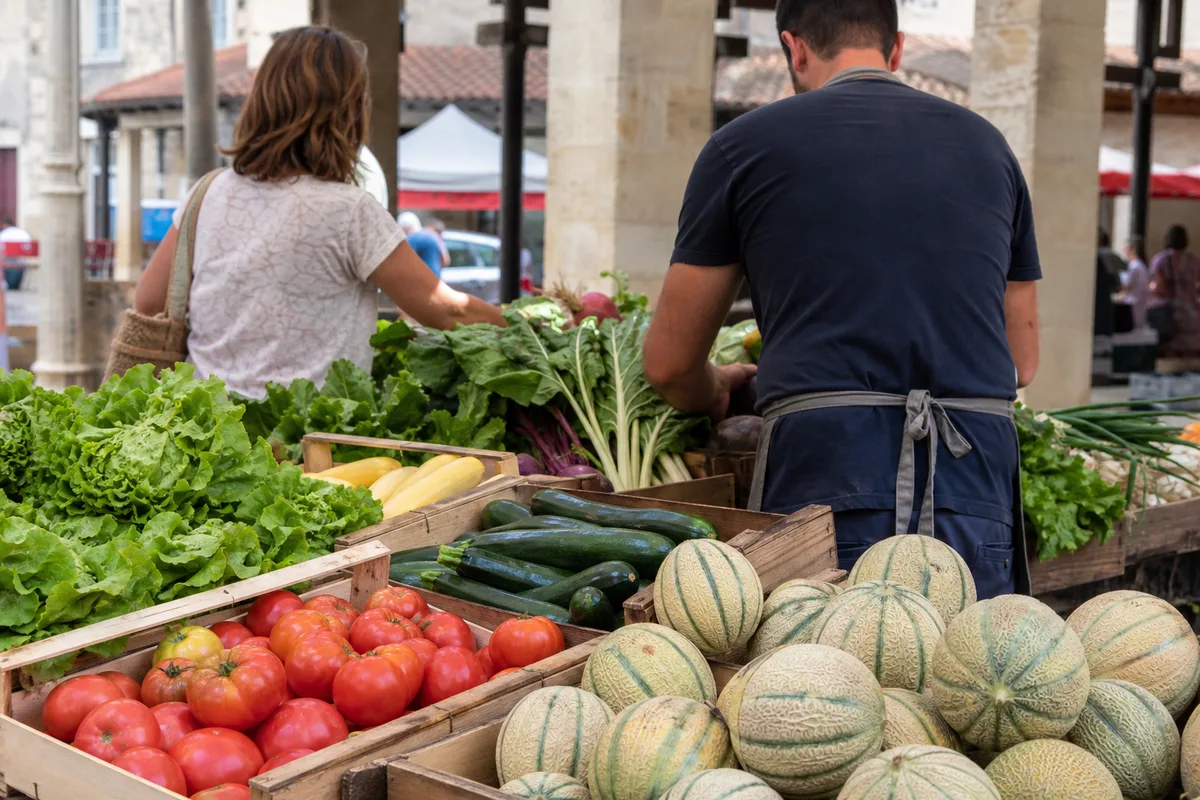 Étal de légumes d’un maraîcher sur un marché de plein vent à Auch