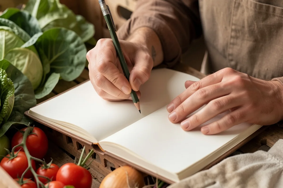 Mains d&rsquo;un maraîcher qui notent la récolte au crayon dans un cahier posé sur un cageot