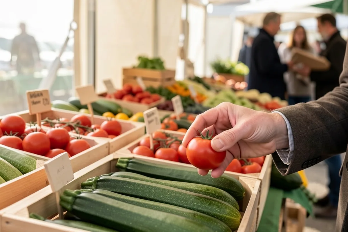 Étal de marché de producteur avec cagettes de tomates et de courgettes et petites ardoises vierges