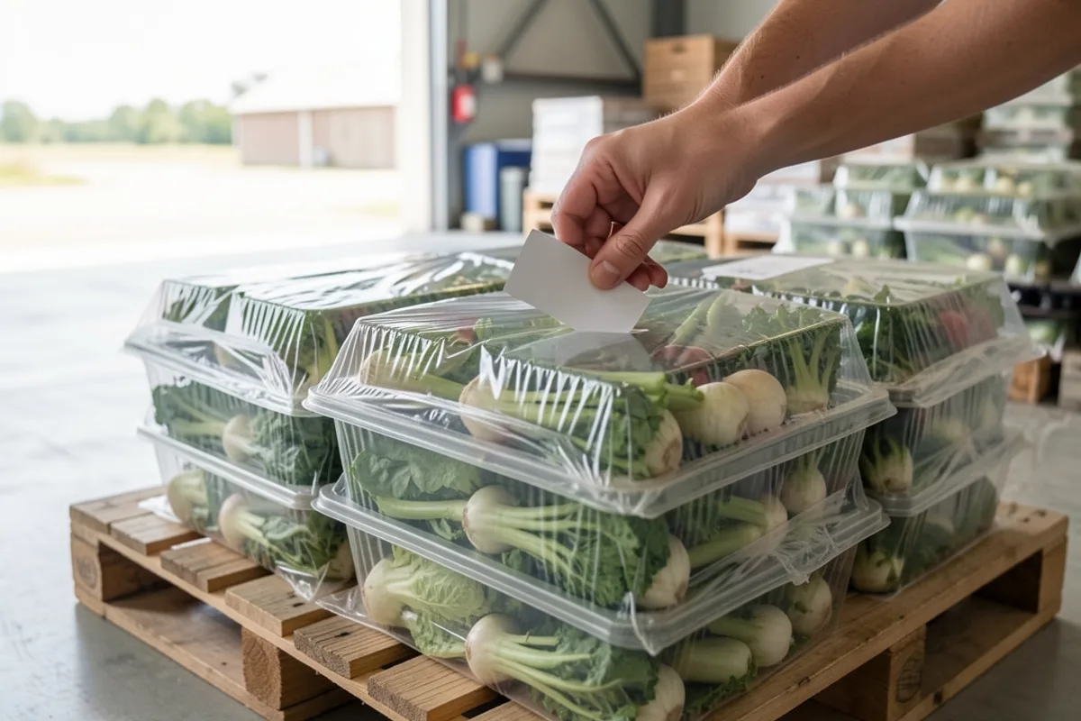 Colis de légumes empilés sur une palette dans un hangar de conditionnement, main qui appose une étiquette vierge