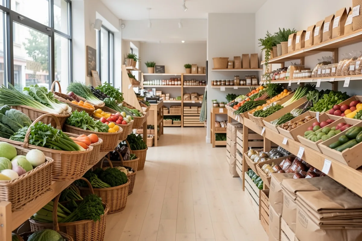 Rayon de légumes en vrac dans des paniers en bois à l&rsquo;intérieur d&rsquo;un magasin de producteurs